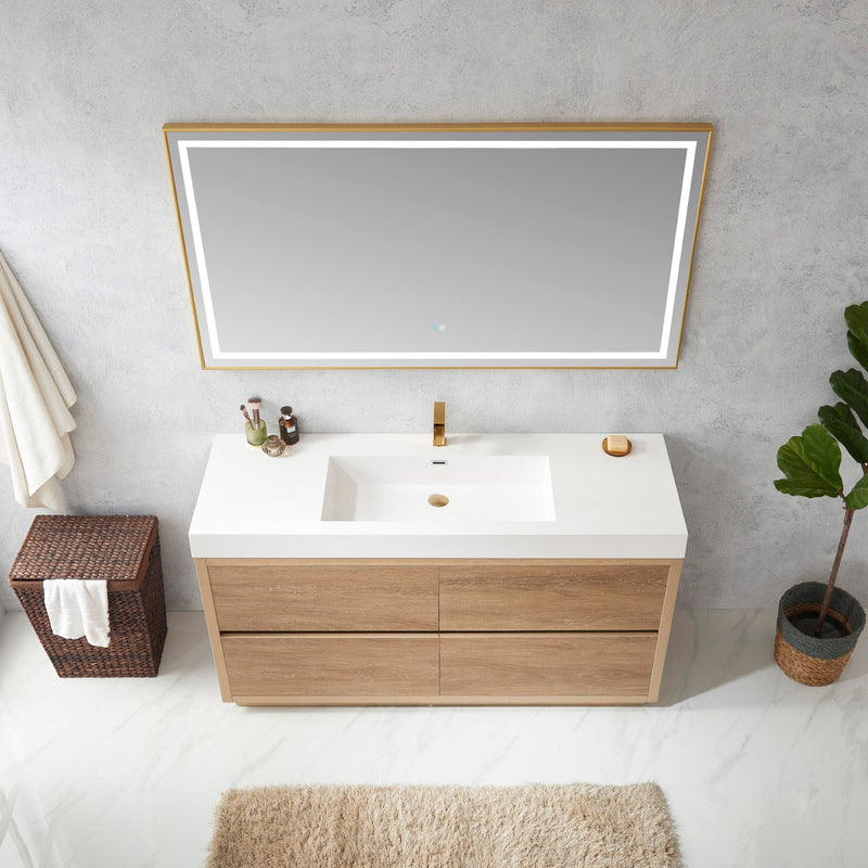 Vinnova 703060-NO-WH Huesca 60" Single Sink Bath Vanity in North American Oak with White Composite Integral Square Sink Top