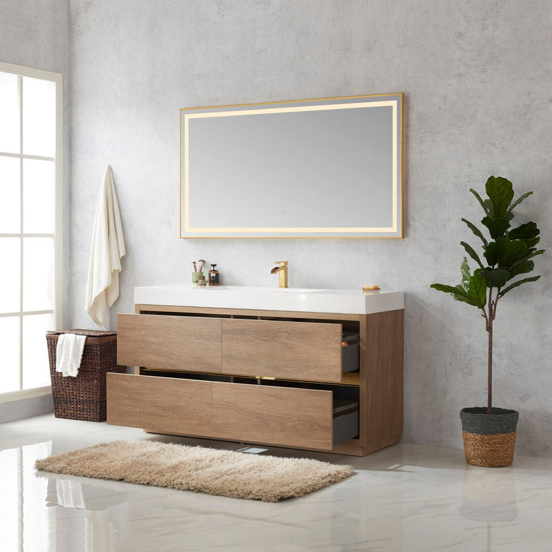 Vinnova 703060-NO-WH Huesca 60" Single Sink Bath Vanity in North American Oak with White Composite Integral Square Sink Top