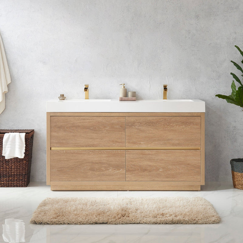 Vinnova 703060M-NO-WH Huesca 60M" Double Sink Bath Vanity in North American Oak with White Composite Integral Square Sink Top