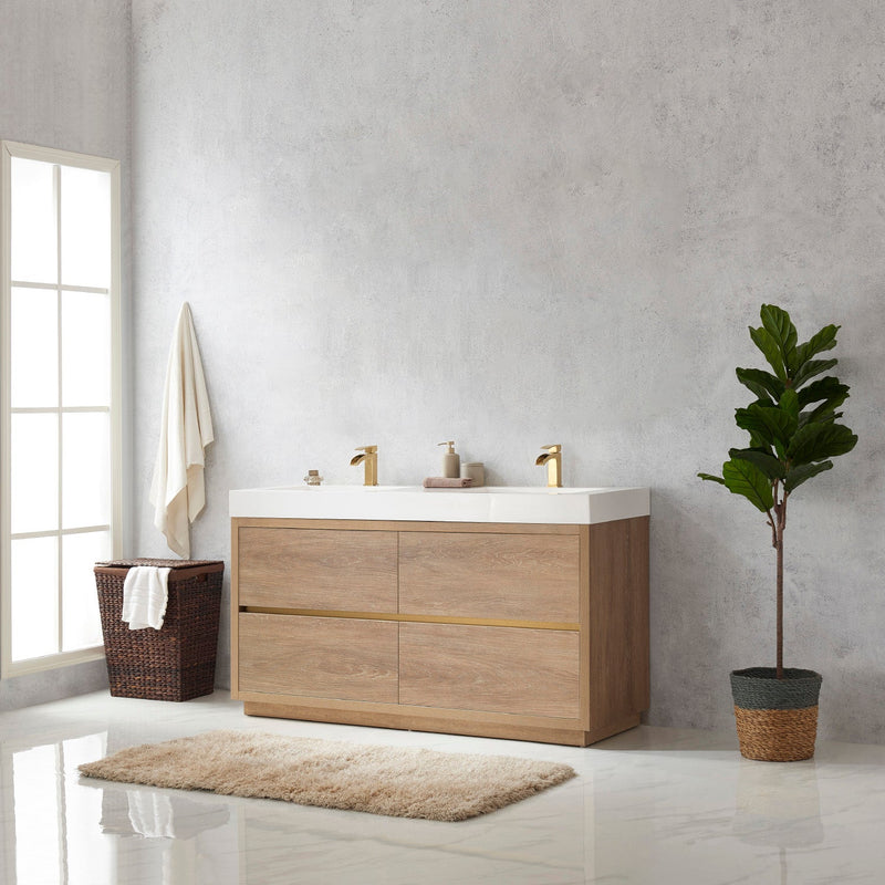 Vinnova 703060M-NO-WH Huesca 60M" Double Sink Bath Vanity in North American Oak with White Composite Integral Square Sink Top