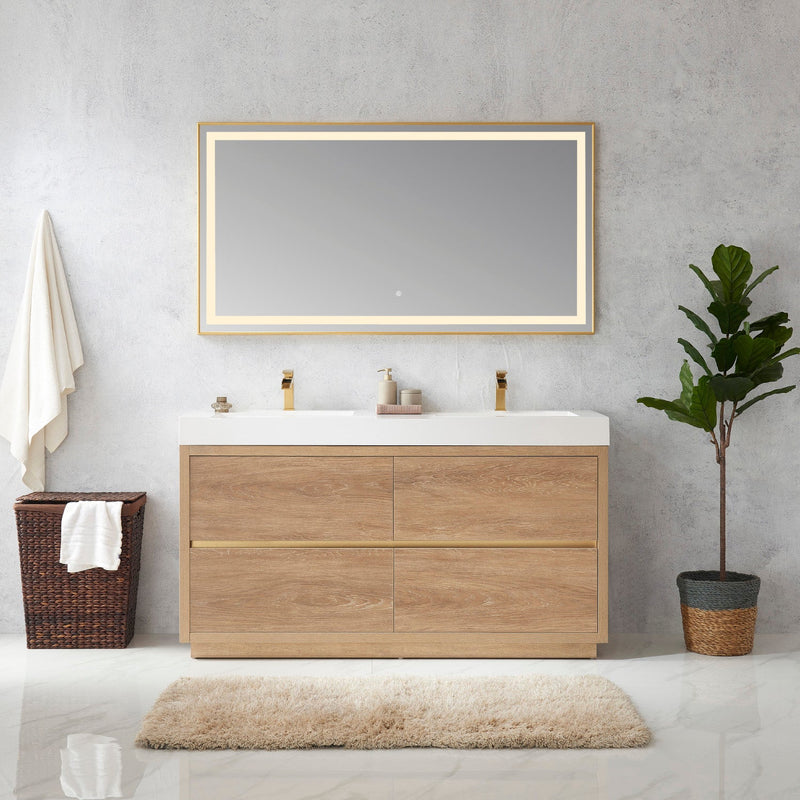 Vinnova 703060M-NO-WH Huesca 60M" Double Sink Bath Vanity in North American Oak with White Composite Integral Square Sink Top