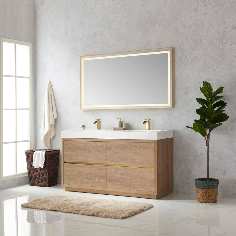 Vinnova 703060M-NO-WH Huesca 60M" Double Sink Bath Vanity in North American Oak with White Composite Integral Square Sink Top