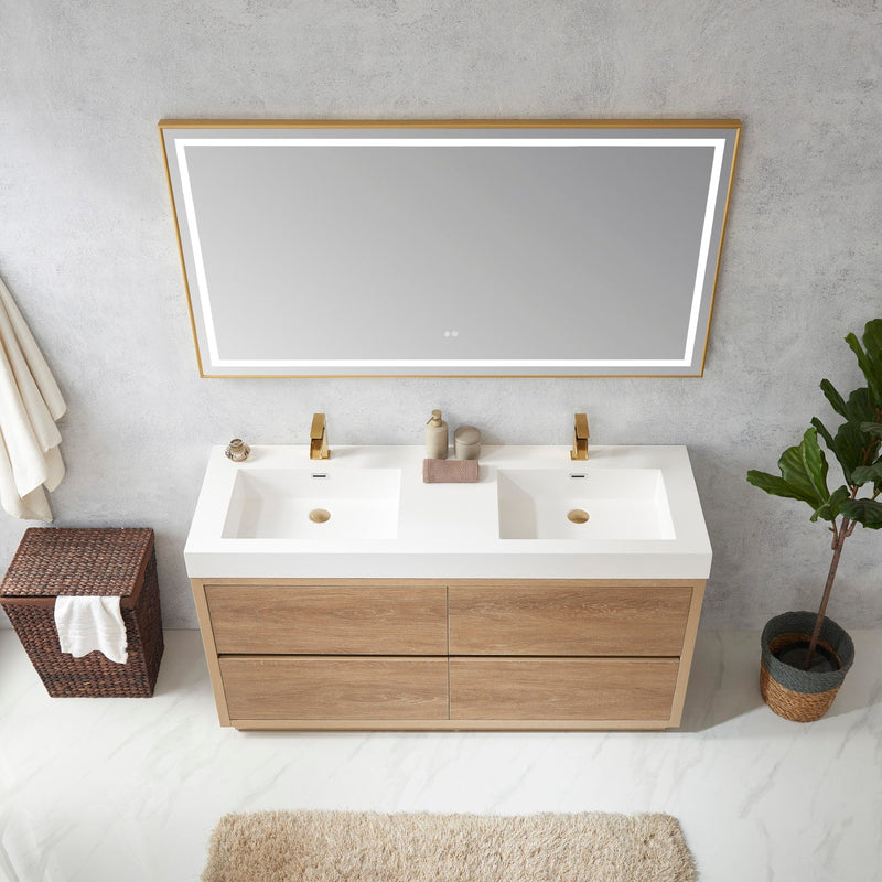 Vinnova 703060M-NO-WH Huesca 60M" Double Sink Bath Vanity in North American Oak with White Composite Integral Square Sink Top