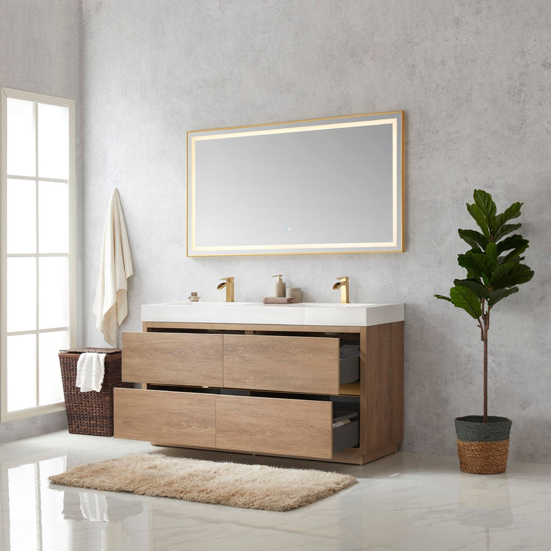 Vinnova 703060M-NO-WH Huesca 60M" Double Sink Bath Vanity in North American Oak with White Composite Integral Square Sink Top