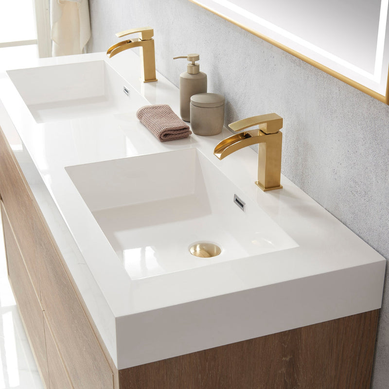 Vinnova 703060M-NO-WH Huesca 60M" Double Sink Bath Vanity in North American Oak with White Composite Integral Square Sink Top