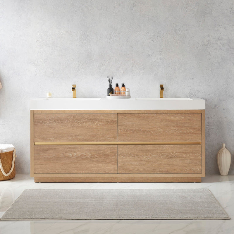 Vinnova 703072-NO-WH Huesca 72" Double Sink Bath Vanity in North American Oak with White Composite Integral Square Sink Top