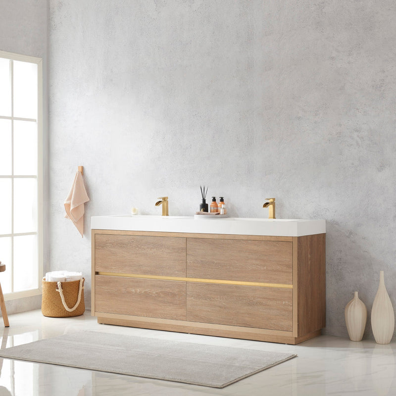 Vinnova 703072-NO-WH Huesca 72" Double Sink Bath Vanity in North American Oak with White Composite Integral Square Sink Top