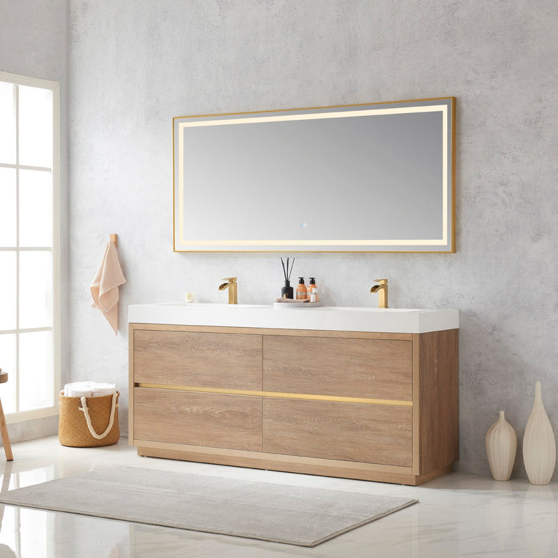 Vinnova 703072-NO-WH Huesca 72" Double Sink Bath Vanity in North American Oak with White Composite Integral Square Sink Top
