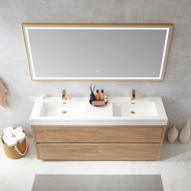 Vinnova 703072-NO-WH Huesca 72" Double Sink Bath Vanity in North American Oak with White Composite Integral Square Sink Top
