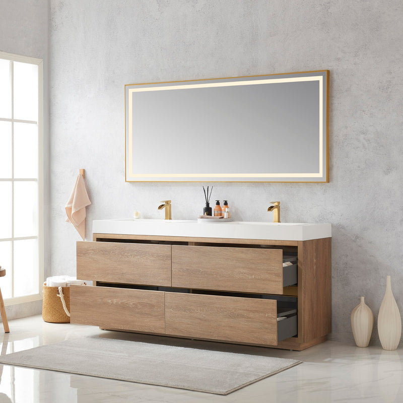 Vinnova 703072-NO-WH Huesca 72" Double Sink Bath Vanity in North American Oak with White Composite Integral Square Sink Top