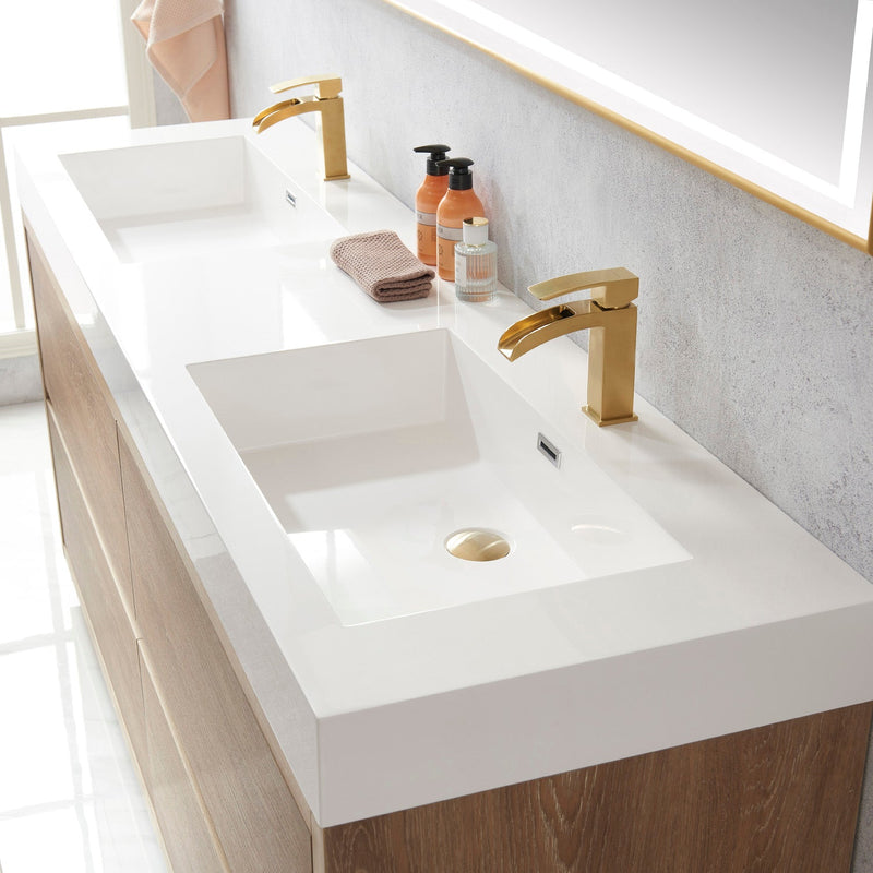 Vinnova 703072-NO-WH Huesca 72" Double Sink Bath Vanity in North American Oak with White Composite Integral Square Sink Top