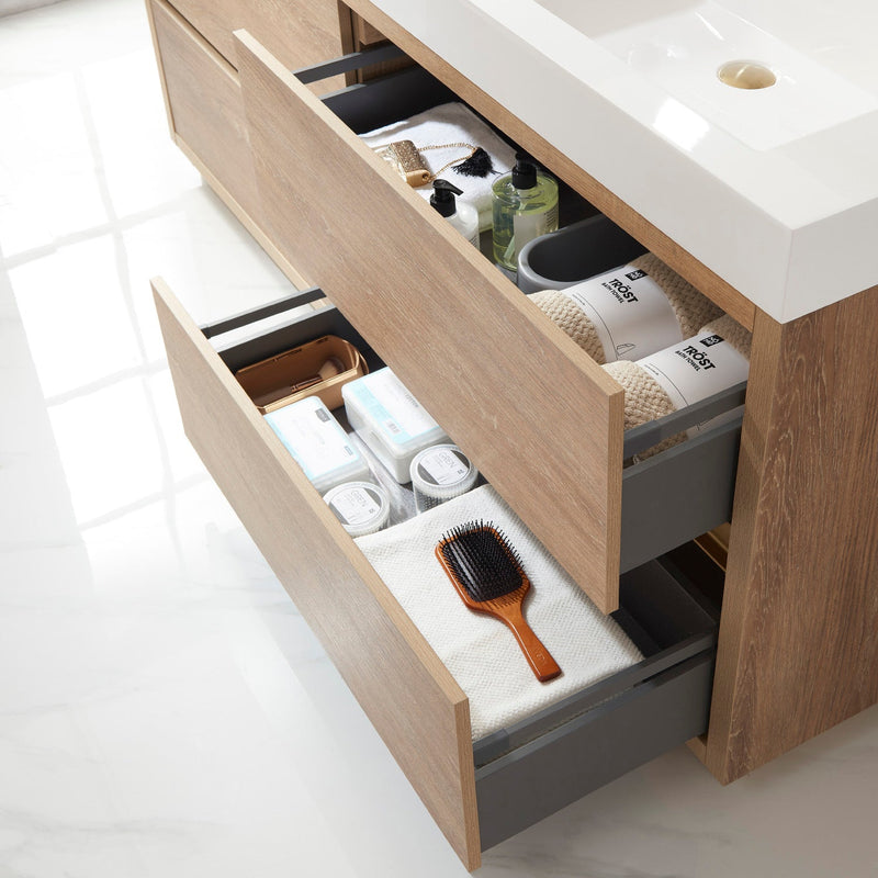 Vinnova 703072-NO-WH Huesca 72" Double Sink Bath Vanity in North American Oak with White Composite Integral Square Sink Top