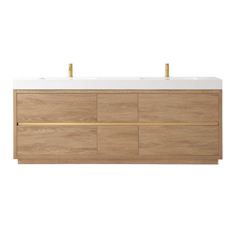 Vinnova 703084-NO-WH Huesca 84" Double Sink Bath Vanity in North American Oak with White Composite Integral Square Sink Top