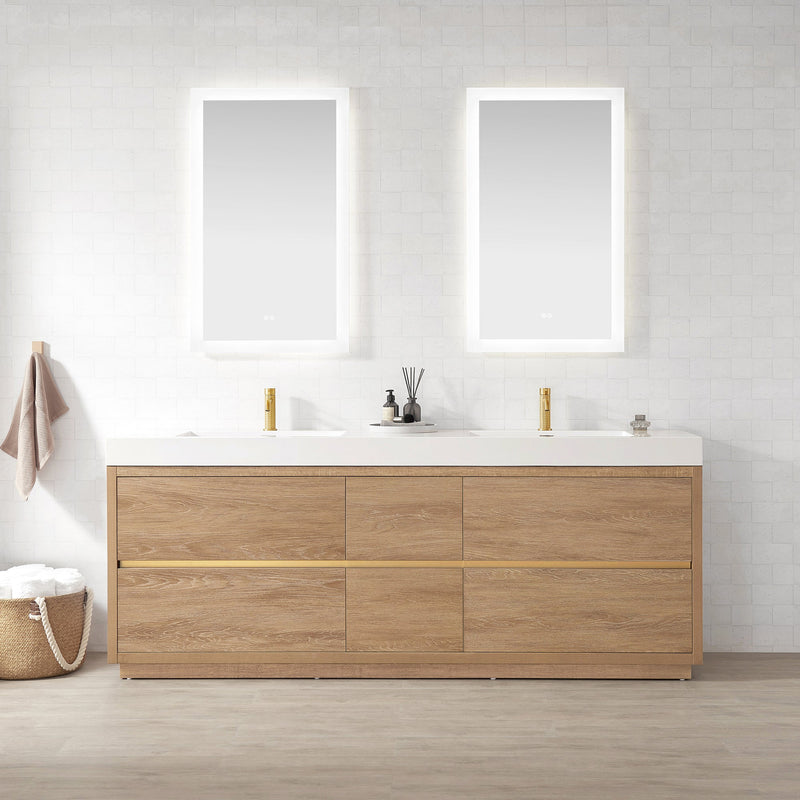 Vinnova 703084-NO-WH Huesca 84" Double Sink Bath Vanity in North American Oak with White Composite Integral Square Sink Top