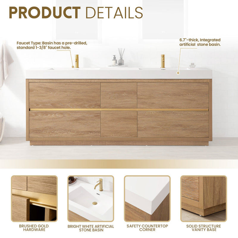 Vinnova 703084-NO-WH Huesca 84" Double Sink Bath Vanity in North American Oak with White Composite Integral Square Sink Top