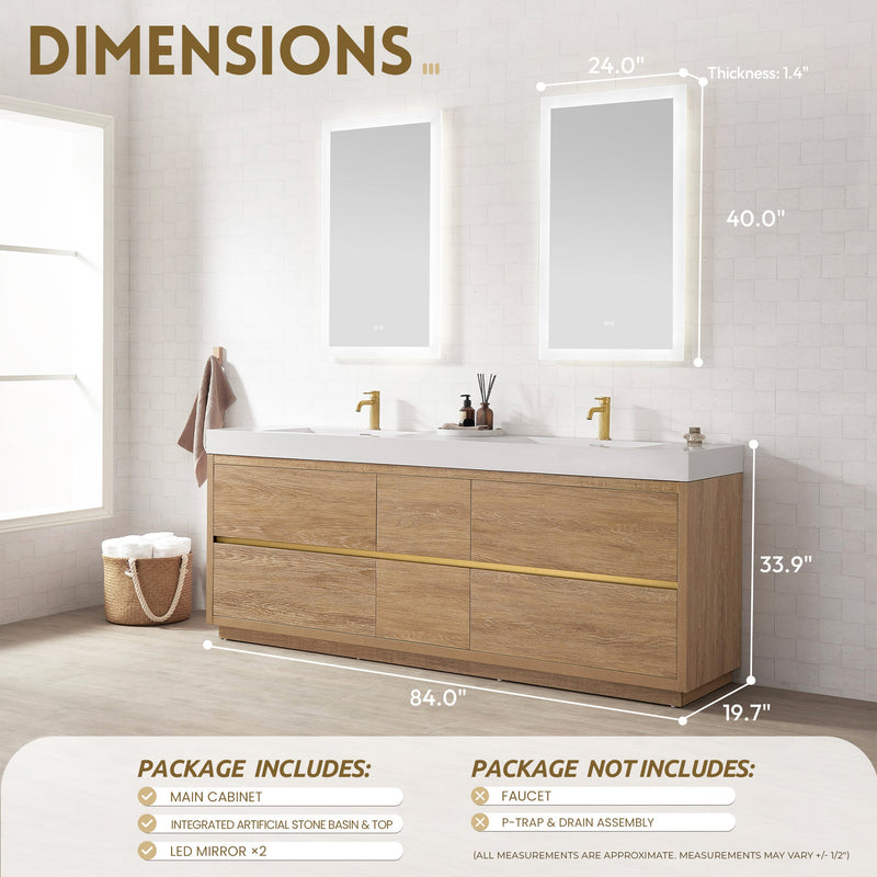 Vinnova 703084-NO-WH Huesca 84" Double Sink Bath Vanity in North American Oak with White Composite Integral Square Sink Top