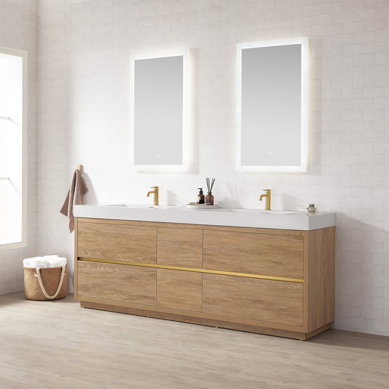 Vinnova 703084-NO-WH Huesca 84" Double Sink Bath Vanity in North American Oak with White Composite Integral Square Sink Top