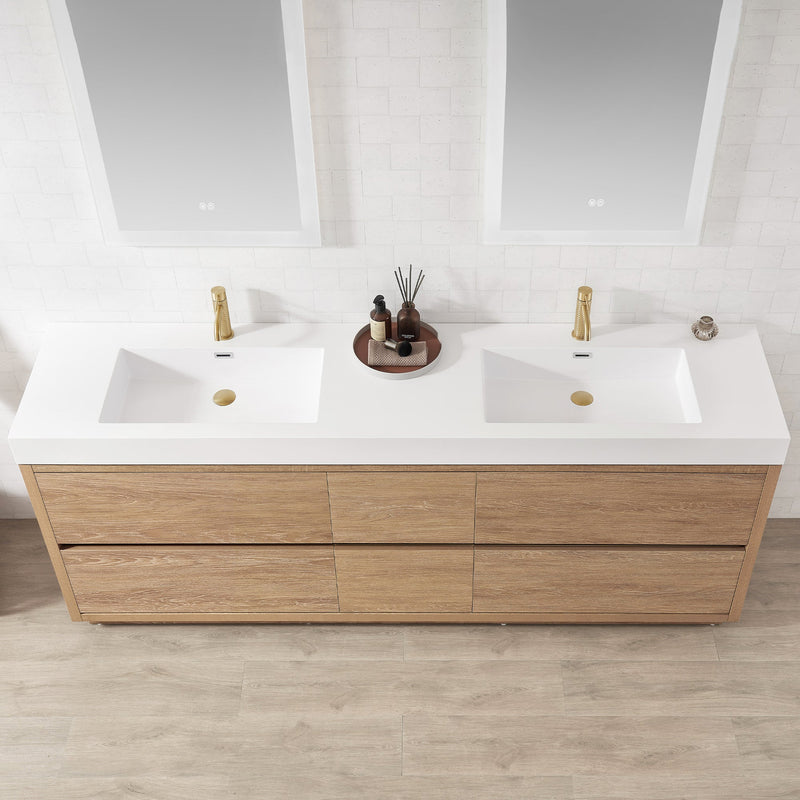 Vinnova 703084-NO-WH Huesca 84" Double Sink Bath Vanity in North American Oak with White Composite Integral Square Sink Top