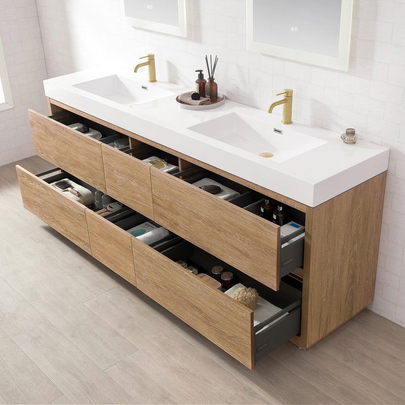 Vinnova 703084-NO-WH Huesca 84" Double Sink Bath Vanity in North American Oak with White Composite Integral Square Sink Top