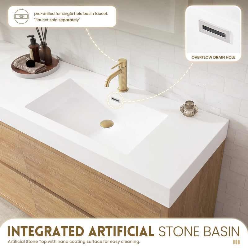 Vinnova 703084-NO-WH Huesca 84" Double Sink Bath Vanity in North American Oak with White Composite Integral Square Sink Top