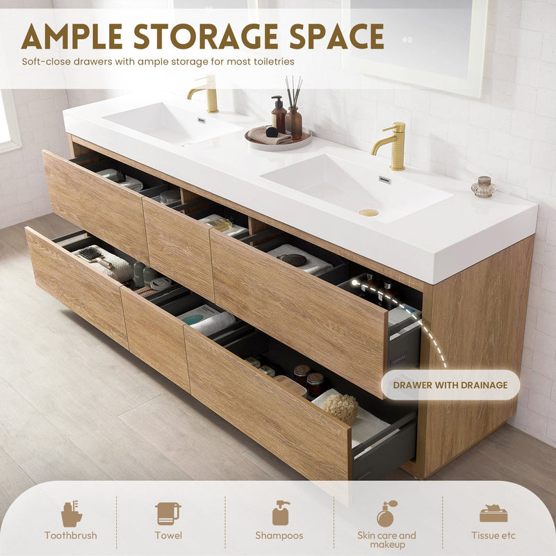 Vinnova 703084-NO-WH Huesca 84" Double Sink Bath Vanity in North American Oak with White Composite Integral Square Sink Top