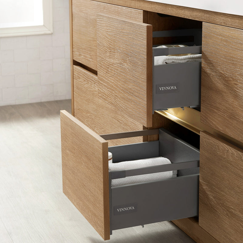 Vinnova 703084-NO-WH Huesca 84" Double Sink Bath Vanity in North American Oak with White Composite Integral Square Sink Top