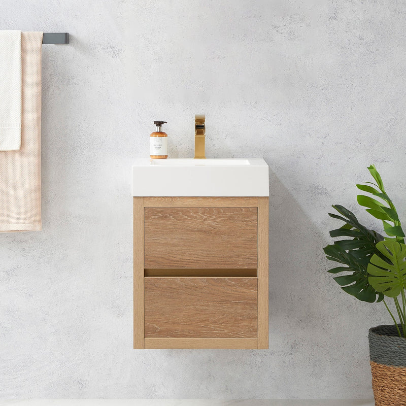 Vinnova 703118-NO-WH Palencia 18" Single Sink Wall-Mount Bath Vanity in North American Oak with White Composite Integral Square Sink Top