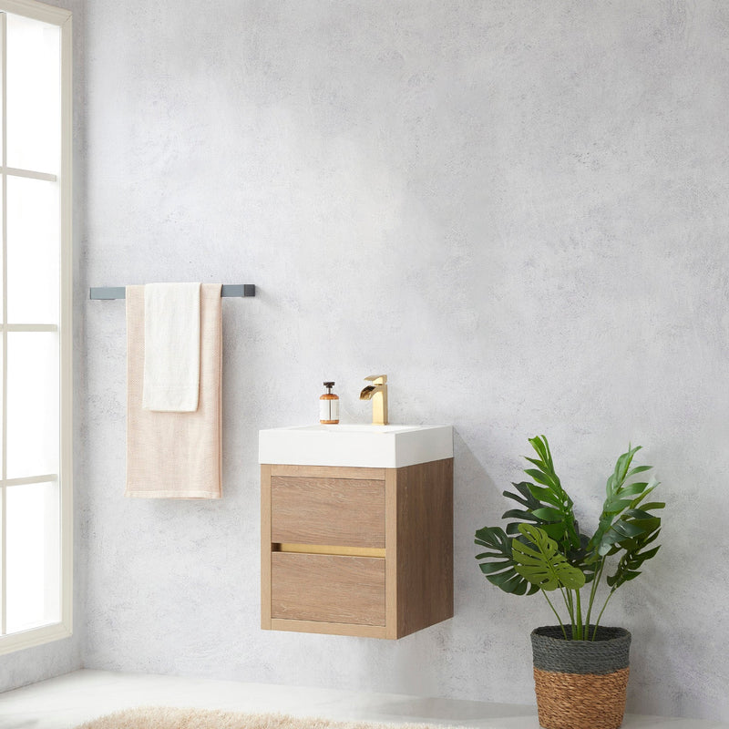Vinnova 703118-NO-WH Palencia 18" Single Sink Wall-Mount Bath Vanity in North American Oak with White Composite Integral Square Sink Top