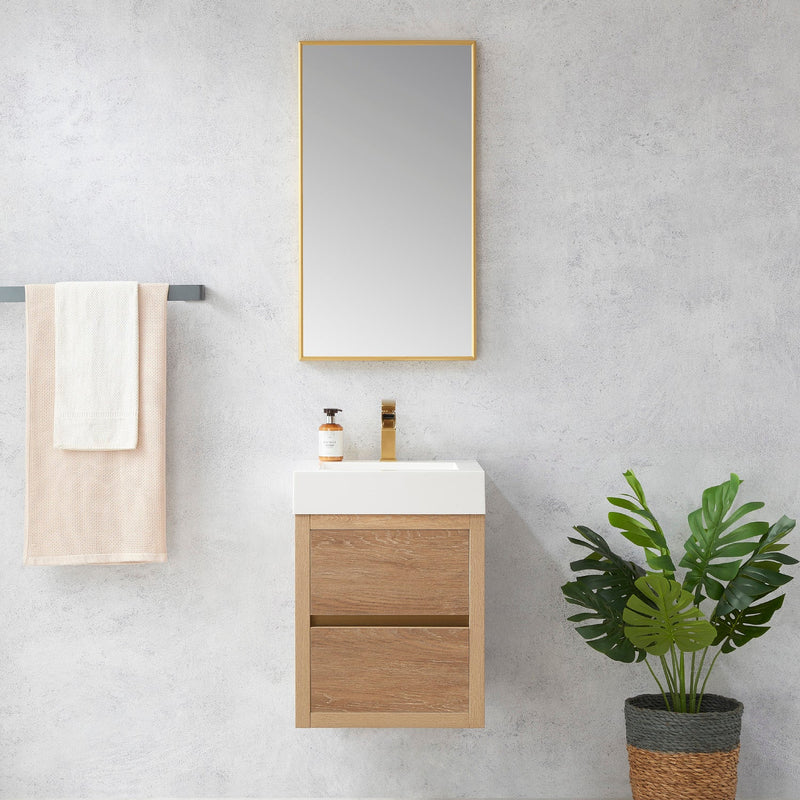 Vinnova 703118-NO-WH Palencia 18" Single Sink Wall-Mount Bath Vanity in North American Oak with White Composite Integral Square Sink Top