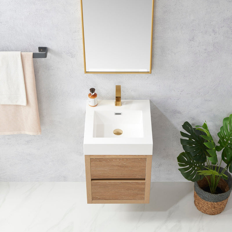 Vinnova 703118-NO-WH Palencia 18" Single Sink Wall-Mount Bath Vanity in North American Oak with White Composite Integral Square Sink Top