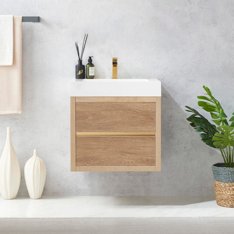 Vinnova 703124-NO-WH Palencia 24" Single Sink Wall-Mount Bath Vanity in North American Oak with White Composite Integral Square Sink Top
