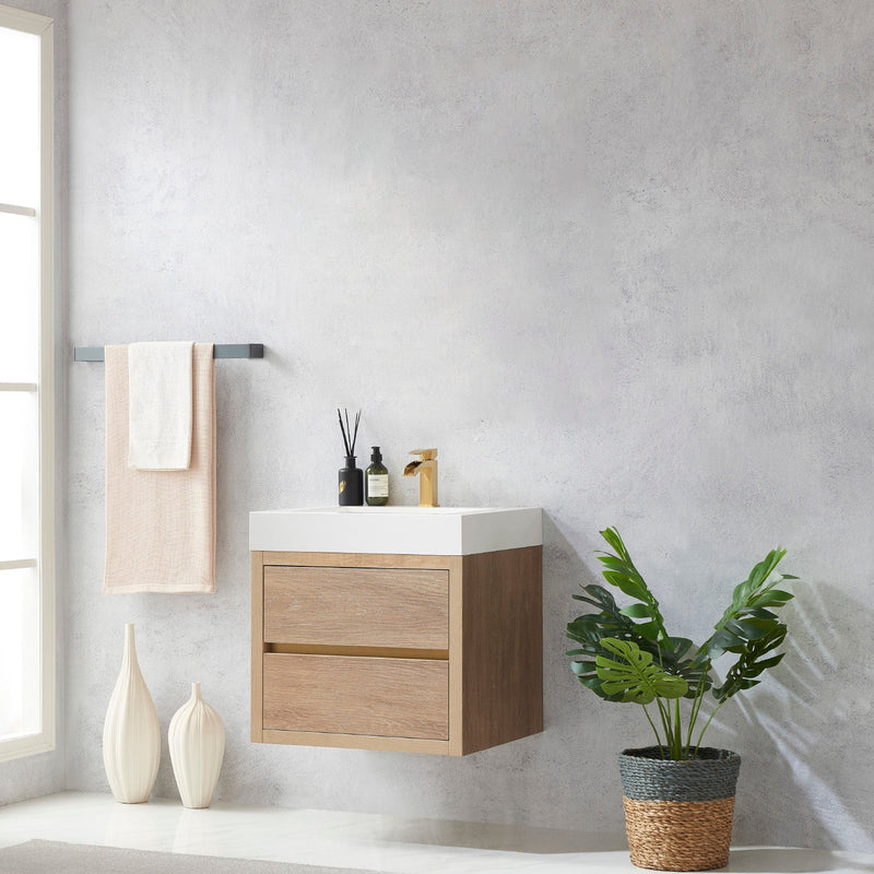 Vinnova 703124-NO-WH Palencia 24" Single Sink Wall-Mount Bath Vanity in North American Oak with White Composite Integral Square Sink Top