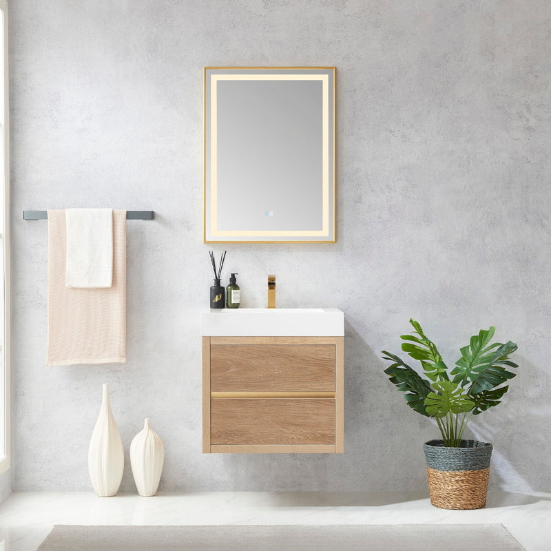 Vinnova 703124-NO-WH Palencia 24" Single Sink Wall-Mount Bath Vanity in North American Oak with White Composite Integral Square Sink Top