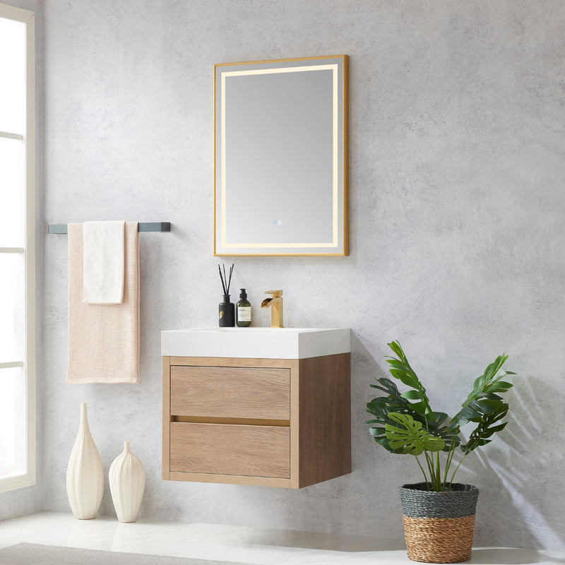Vinnova 703124-NO-WH Palencia 24" Single Sink Wall-Mount Bath Vanity in North American Oak with White Composite Integral Square Sink Top