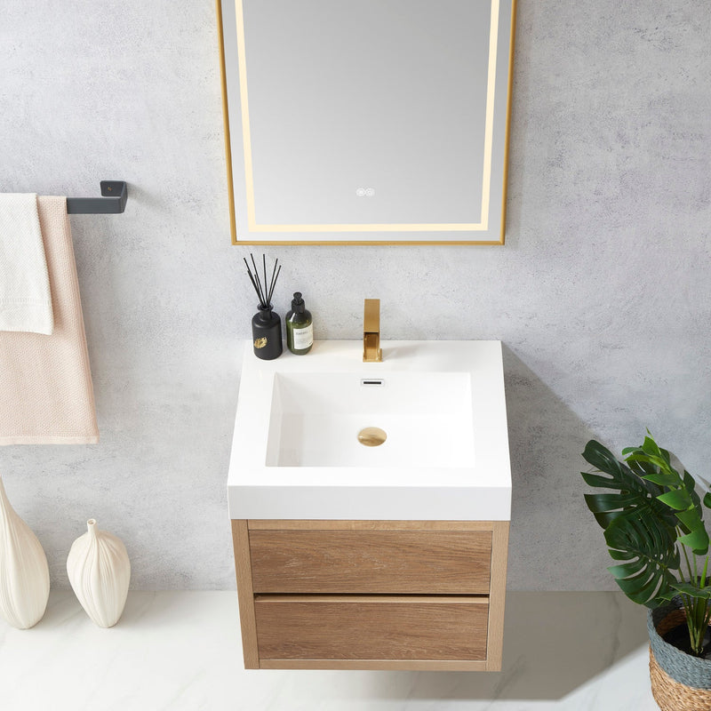Vinnova 703124-NO-WH Palencia 24" Single Sink Wall-Mount Bath Vanity in North American Oak with White Composite Integral Square Sink Top