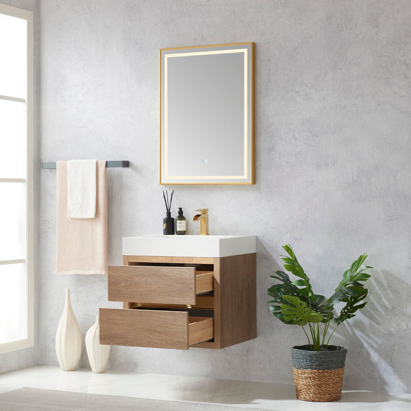 Vinnova 703124-NO-WH Palencia 24" Single Sink Wall-Mount Bath Vanity in North American Oak with White Composite Integral Square Sink Top