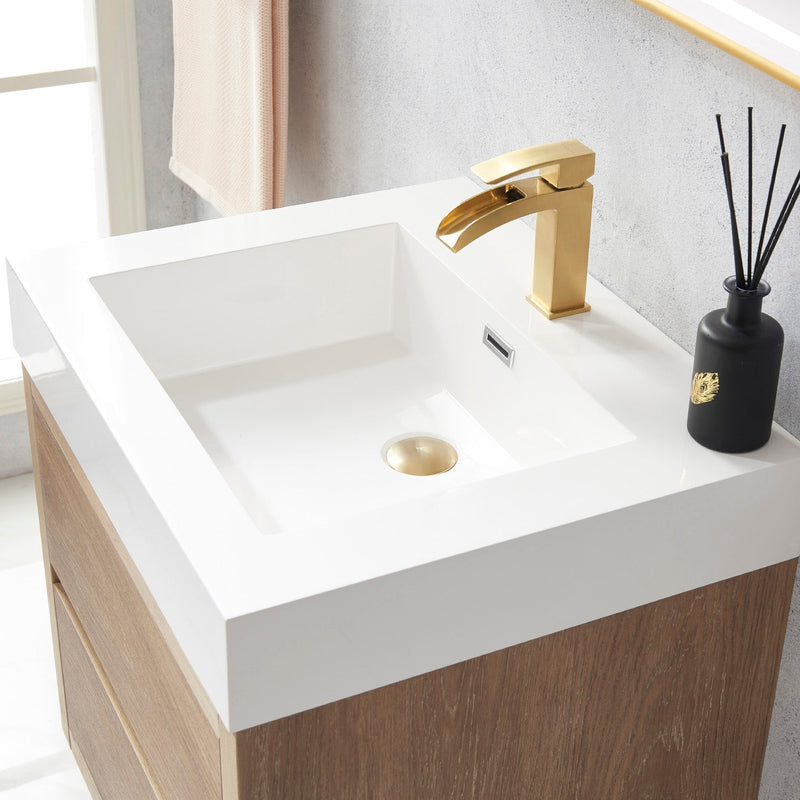 Vinnova 703124-NO-WH Palencia 24" Single Sink Wall-Mount Bath Vanity in North American Oak with White Composite Integral Square Sink Top