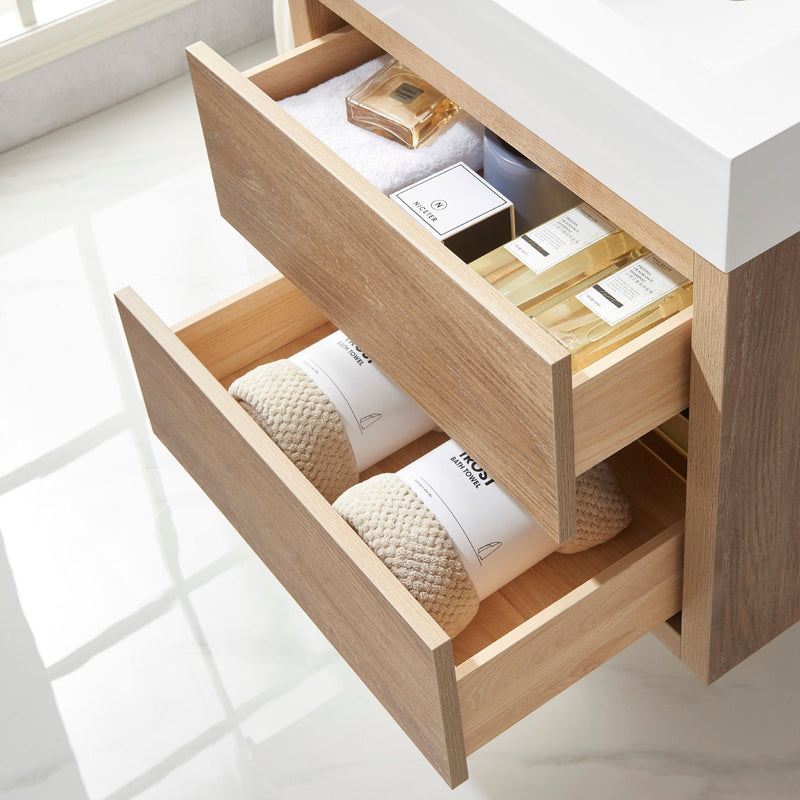 Vinnova 703124-NO-WH Palencia 24" Single Sink Wall-Mount Bath Vanity in North American Oak with White Composite Integral Square Sink Top