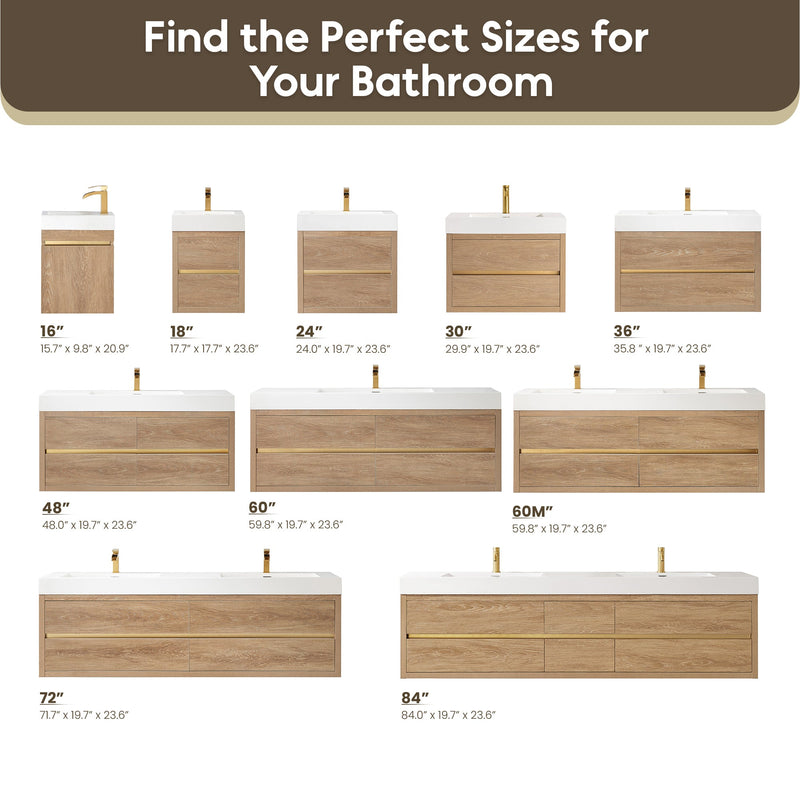 Vinnova 703130-NO-WH Palencia 30" Single Sink Wall-Mount Bath Vanity in North American Oak with White Composite Integral Square Sink Top - view 15