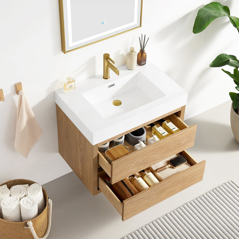 Vinnova 703130-NO-WH Palencia 30" Single Sink Wall-Mount Bath Vanity in North American Oak with White Composite Integral Square Sink Top - view 5