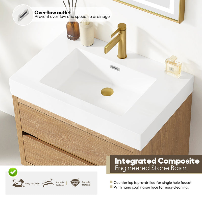 Vinnova 703130-NO-WH Palencia 30" Single Sink Wall-Mount Bath Vanity in North American Oak with White Composite Integral Square Sink Top - view 7