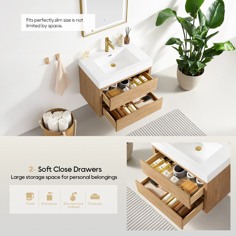 Vinnova 703130-NO-WH Palencia 30" Single Sink Wall-Mount Bath Vanity in North American Oak with White Composite Integral Square Sink Top - view 8