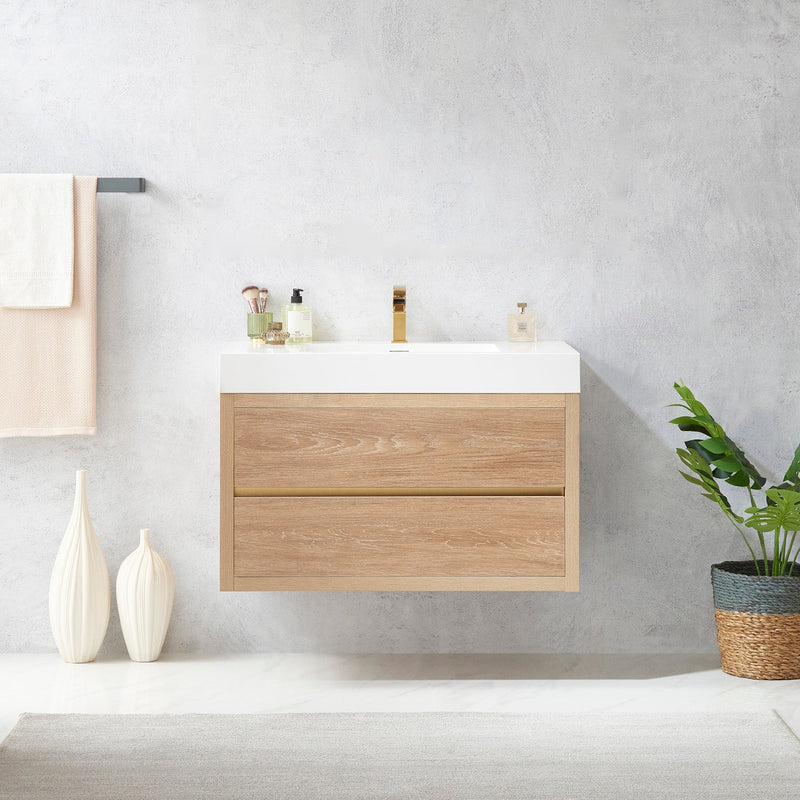 Vinnova 703136-NO-WH Palencia 36" Single Sink Wall-Mount Bath Vanity in North American Oak with White Composite Integral Square Sink Top