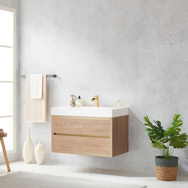 Vinnova 703136-NO-WH Palencia 36" Single Sink Wall-Mount Bath Vanity in North American Oak with White Composite Integral Square Sink Top
