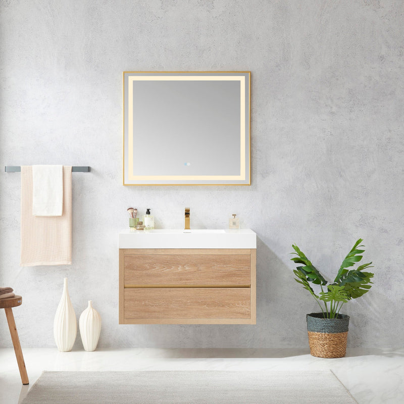Vinnova 703136-NO-WH Palencia 36" Single Sink Wall-Mount Bath Vanity in North American Oak with White Composite Integral Square Sink Top