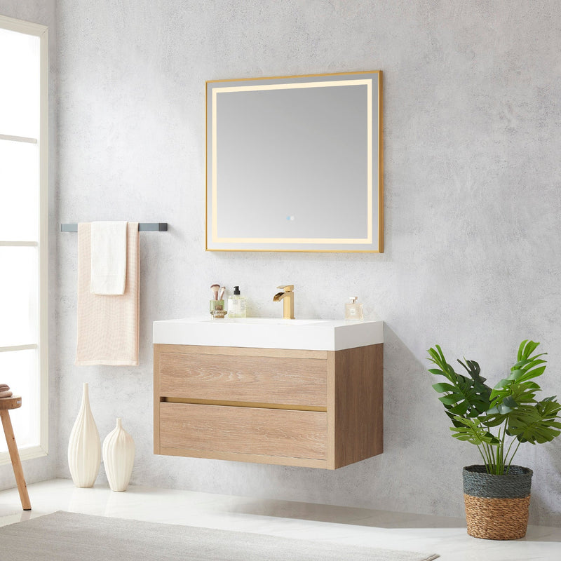 Vinnova 703136-NO-WH Palencia 36" Single Sink Wall-Mount Bath Vanity in North American Oak with White Composite Integral Square Sink Top
