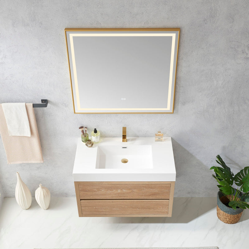 Vinnova 703136-NO-WH Palencia 36" Single Sink Wall-Mount Bath Vanity in North American Oak with White Composite Integral Square Sink Top
