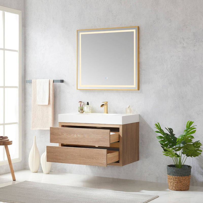 Vinnova 703136-NO-WH Palencia 36" Single Sink Wall-Mount Bath Vanity in North American Oak with White Composite Integral Square Sink Top