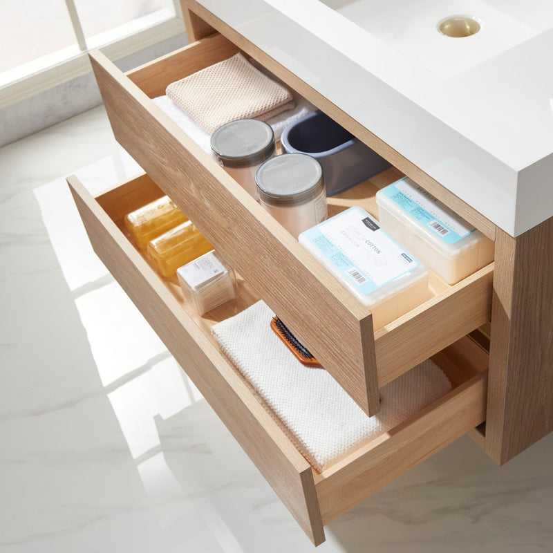 Vinnova 703136-NO-WH Palencia 36" Single Sink Wall-Mount Bath Vanity in North American Oak with White Composite Integral Square Sink Top