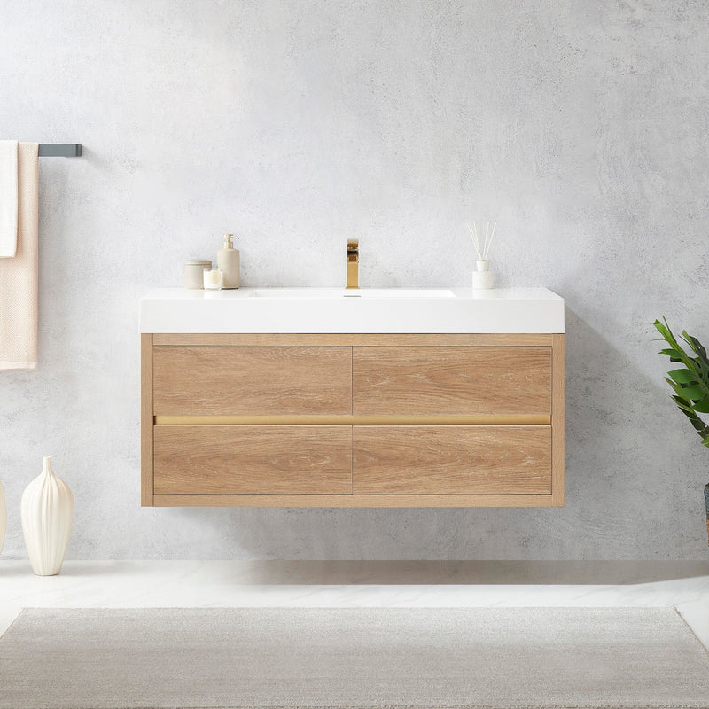 Vinnova 703148-NO-WH Palencia 48" Single Sink Wall-Mount Bath Vanity in North American Oak with White Composite Integral Square Sink Top
